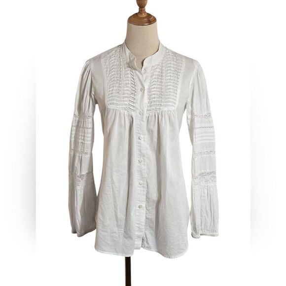 Sundance White Button-Up Boho Blouse with Pleated Details Top - Picture 1 of 6